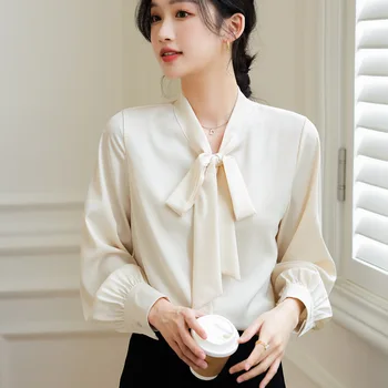 Новая элегантная офисная женская рубашка Женская блузка в корейском стиле Весна Лето с длинным рукавом однотонные атласные рубашки Топы blusa mujer